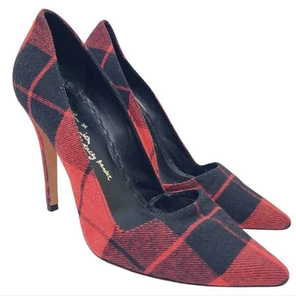 Alice & Olivia | Chic Red and Black Plaid Pattern Heels (Italian Size 39.5) - Picture 1 of 12